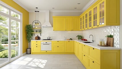Bright yellow kitchen with white countertops and large glass door