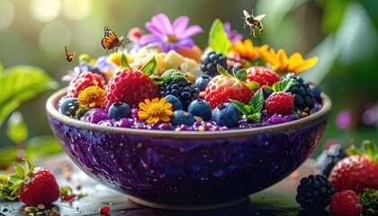 Vibrant Purple Bowl of Berries and Flowers with Butterflies and Bees