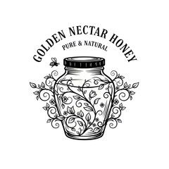 Black and white illustration of a honey jar with floral vines, a flying bee, and 'Golden Nectar Honey Pure & Natural' text.
