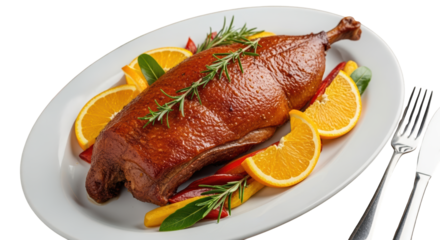 A whole roasted duck served on a platter with orange slices, peppers, and rosemary sprigs, isolated on a transparent background