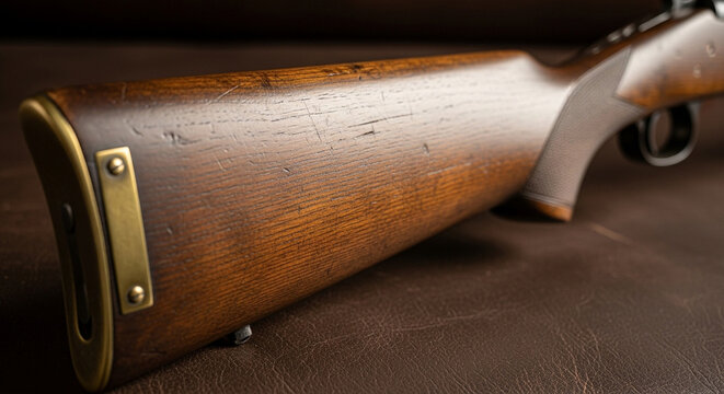 Close-up detail of a classic firearm's meticulously crafted wooden stock, showcasing its rich, aged texture and traditional brass-toned buttplate, evoking a sense of heritage and enduring precision