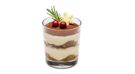 A single serving of tiramisu in a glass, garnished with berries and a rosemary sprig, isolated on transparent background