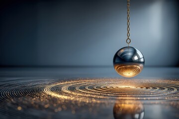Captivating metallic pendulum generating intricate circular patterns shimmering with golden hues against a minimalist backdrop reflecting the elegance of kinetic art and the richness of geometry