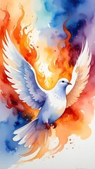 White Dove in Fiery Watercolor Painting