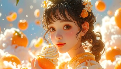 Whimsical Portrait of a Girl in a Pastel Orange Landscape