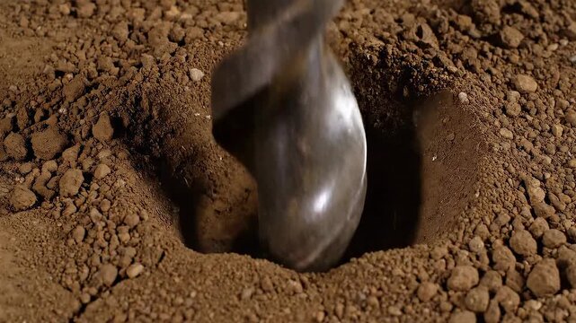 Drill bit digging into dry soil creating a hole.