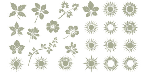 Black and white stencil set of flora and sun elements for creative design