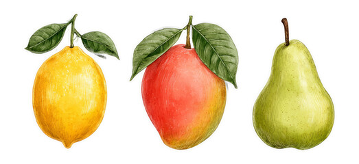 Obraz premium Hand-Drawn Isolated Fruits on Transparent Background with Leaves