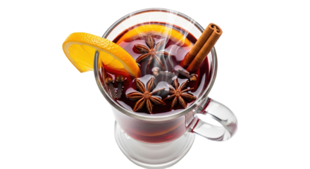 A steaming glass of mulled wine with orange slice, cinnamon sticks, star anise, and cloves, isolated on transparent background