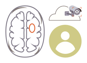 Stylized brain scan with focal area, surveillance camera monitoring with cloud link, and user profile silhouette. Ideal for neuroscience, security, privacy, data analysis, healthcare, AI and ethical