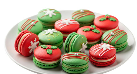 Obraz premium A plate of colorful christmas macarons in red and green, decorated with festive patterns, isolated on transparent background
