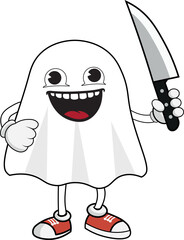 Psychopath ghost, with funny smile, with legs and holding a knife, halloween theme