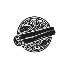 Cinnamon sticks illustration with decorative floral elements in a circular design.
