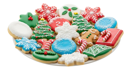 A vibrant platter filled with an assortment of beautifully decorated christmas cookies, including gingerbread men, snowflakes, trees, and candy canes, isolated on transparent background