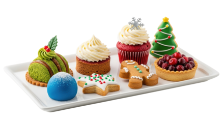 A festive assortment of christmas themed desserts including cupcakes, cookies, and tarts, isolated on transparent background