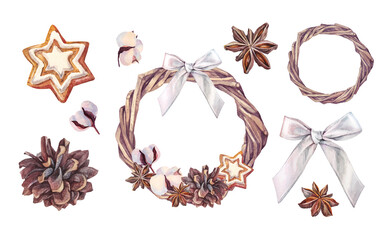 Watercolor set with wreath with copy space isolated on white background. Gingerbread and spice condiment and bow. Clipart with pine cone and cotton plant for Christmas. New Year wallpaper or wrapping
