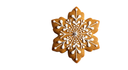 A single snowflake shaped gingerbread cookie with white icing, isolated on transparent background
