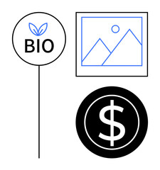 Circular BIO badge with leaf, framed mountain landscape, and dollar coin symbol. Ideal for sustainability, eco-business, finance, branding, creativity, environmental awareness simple flat metaphor