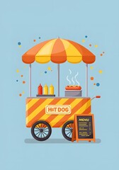 Vibrant Hot Dog Cart Illustration with Menu and Condiments