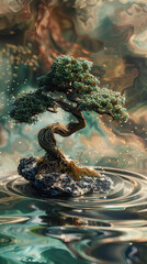 Serene Bonsai Art: An enchanting bonsai tree thrives, nestled on a tranquil rock amidst rippling water, with a softly blurred, painterly background creating a sense of peace and introspection.