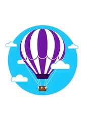 Vibrant Purple and White Striped Hot Air Balloon Floating in Bright Blue Sky with Clouds