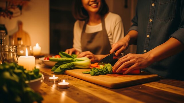 Intimate Dinner Prep: A young couple collaboratively prepares a healthy, fresh vegetable stir-fry illuminated by candlelight in their cozy, warmly-lit kitchen. - Powered by Adobe