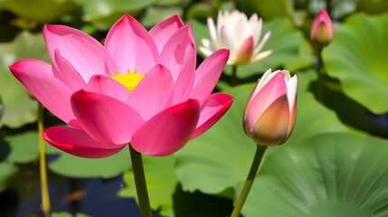 Obraz premium Pink lotus flower. The background is the lotus leaf and white lotus flower and lotus bud in a pond. Beautiful sunlight and sunshine in the morning
