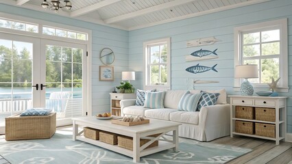 Coastal living room with white sofa light blue walls and lake view