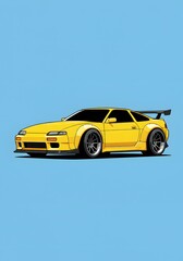 Yellow Sports Car with Spoiler and Wide Body Kit Illustration on Blue Background