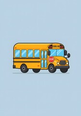 Yellow School Bus with Stop Sign - Vector Illustration