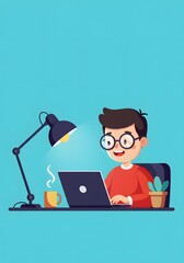 Young Person Working on Laptop with Coffee and Desk Lamp