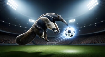 Anteater Playing Soccer on Stadium Field Under Bright Lights, Ideal for Creative Advertising and Sports Campaigns