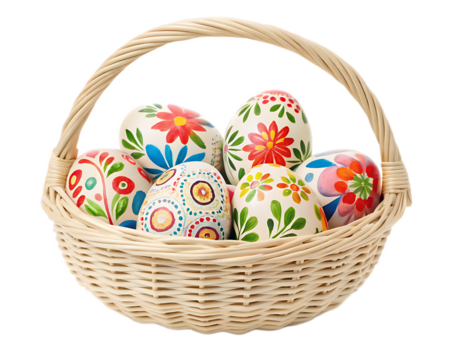 A wicker basket filled with easter eggs decorated with colorful floral and circular designs on a white background