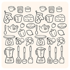 Hand-Drawn Kitchen Utensils and Food Doodles