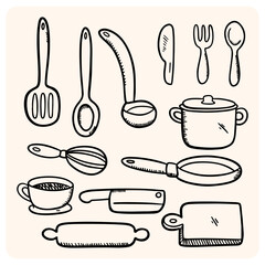 Hand-Drawn Kitchen Utensils and Cookware Icons