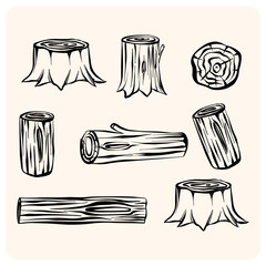 Hand-Drawn Wood and Tree Stump Illustrations