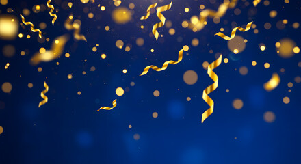 Fototapeta premium Gold confetti and streamers on a dark blue background