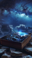 Celestial Storybook: An open storybook levitates amidst a galaxy of swirling stars and fluffy clouds, its pages holding an entire universe of imagination, wisdom and the power of storytelling.