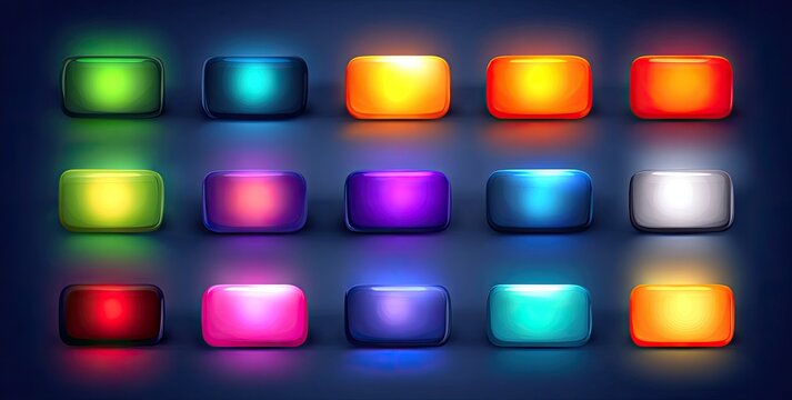 Collection of glowing, rectangular buttons in various vibrant colors - Powered by Adobe