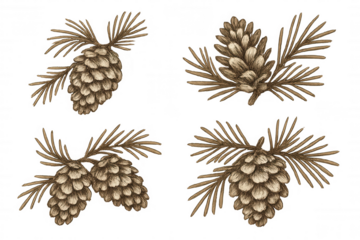 Pinecones with pine needles illustration set, vintage style botanical drawing for winter and holiday design, transparent background