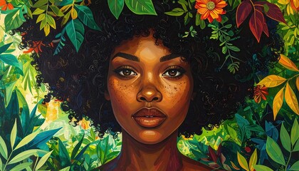 Woman with Lush Afro Surrounded by Vibrant Green and Orange Flowers