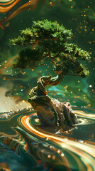 Tranquil Bonsai Amidst Swirling Waters: A captivating artistic view of a serene bonsai tree growing gracefully atop a rugged stone formation, set against a backdrop of vividly colored.