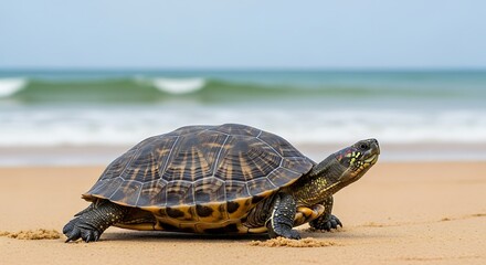 Fototapeta premium A solitary terrestrial turtle with a patterned shell walks across a sandy beach towards the ocean waves under a bright sky