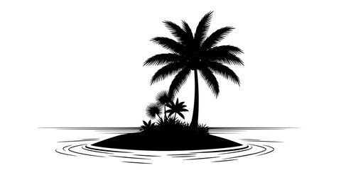 Tropical island scene with palm tree silhouette in black ink