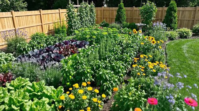 Lush Vegetable Garden with Colorful Flowers and Wooden Fence.