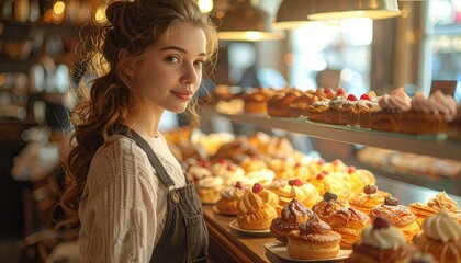 Young Woman in Bakery with Warm Lighting and Pastry Display