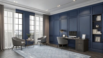 Interior view of a stylish office space with blue walls and furniture