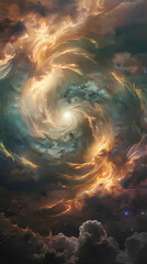 Celestial Vortex: A mesmerizing artistic view of swirling clouds and dynamic light. A celestial swirl showcasing the raw power of the universe. 