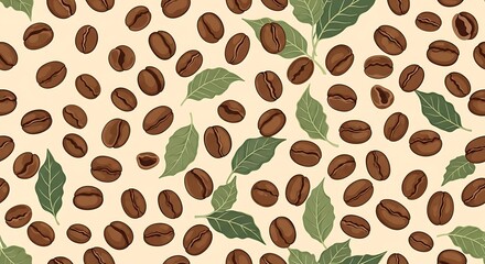 Obraz premium Seamless pattern of roasted coffee beans and green leaves on a light beige background hand drawn illustration perfect for cafe decor and food packaging