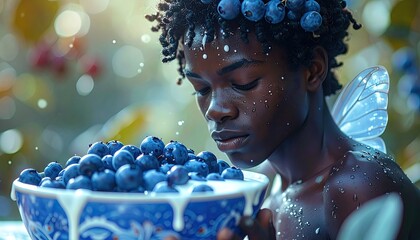 Youthful Fairytale Figure with Blueberry Crown and Bowl